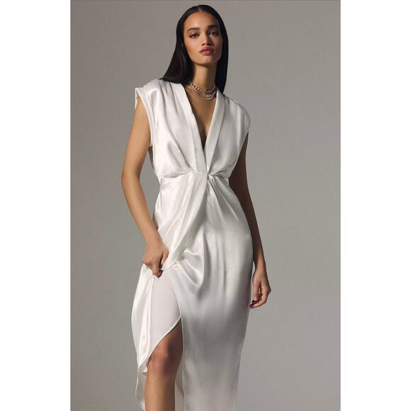 Anthropologie Sleeveless V-Neck Twist-Front Satin Dress - New 8 - Picture 2 of 5